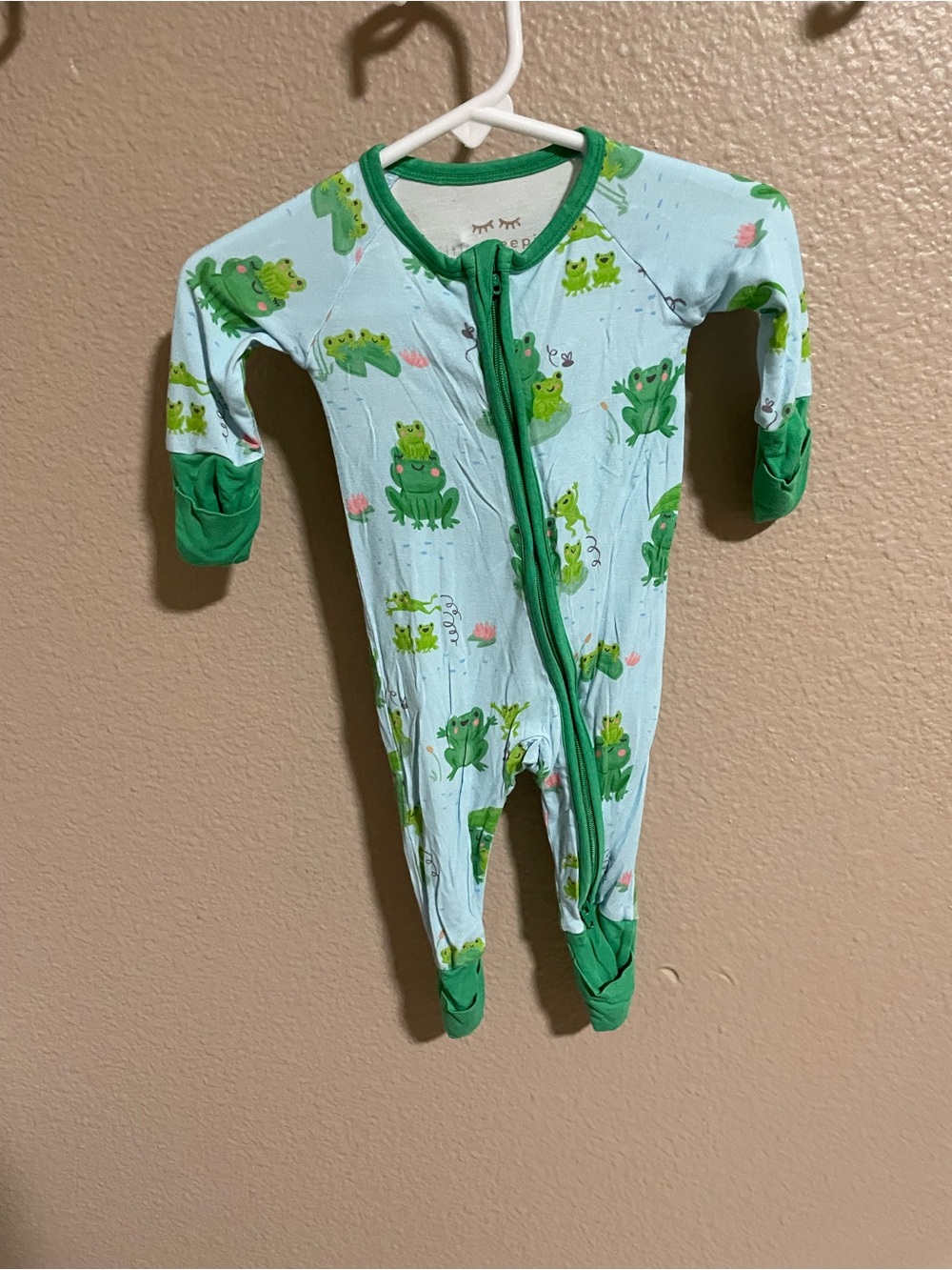 Little Sleepies Light Blue Frog Print Footed One-Piece - Green Trim